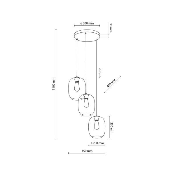 Technische Zeichnung einer Pendelleuchte mit drei Leuchten und Maßangaben