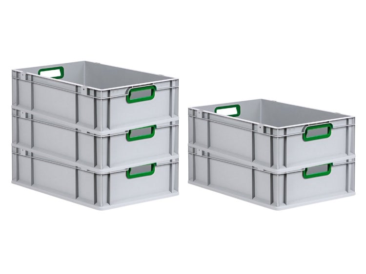 PROREGAL Spar Set 5x Eurobox Nextgen Color HxBxT 17 x 40 x 60 cm 34 Liter Griffe Grün Offen Glatter Boden Eurobehälter Transportbox
