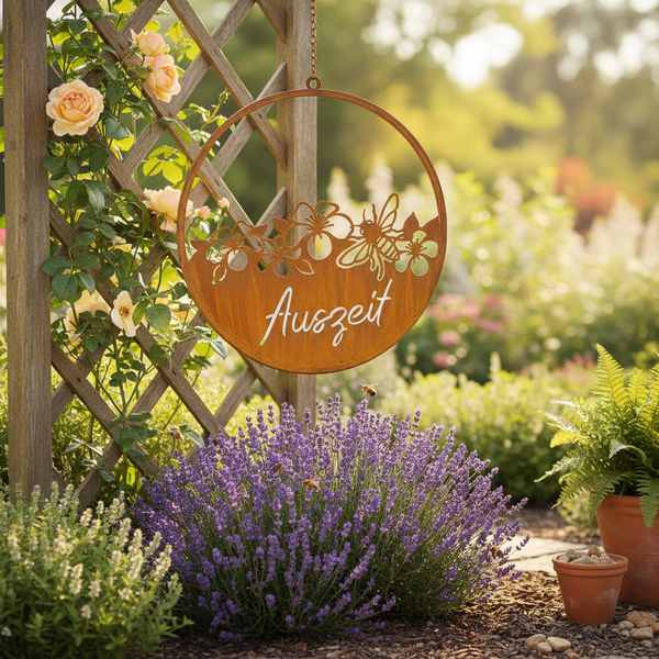 Hell gestaltete Gartenszene mit runder Metalldeko in Edelrostoptik, Schriftzug Auszeit, Blumen und Biene an einem Holzspalier über Lavendel.