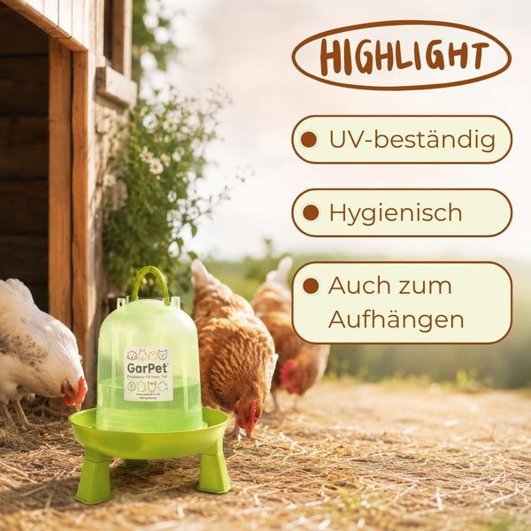 GarPet Hühnertränke aus Kunststoff mit Griff und Füßen bei Hühnern. Merkmale: UV-beständig, hygienisch und zum Aufhängen geeignet.