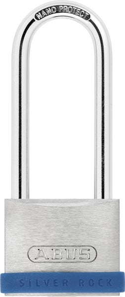 Vorhängeschloss ABUS Silver Rock mit hohem Bügel und Nano Protect Beschichtung.