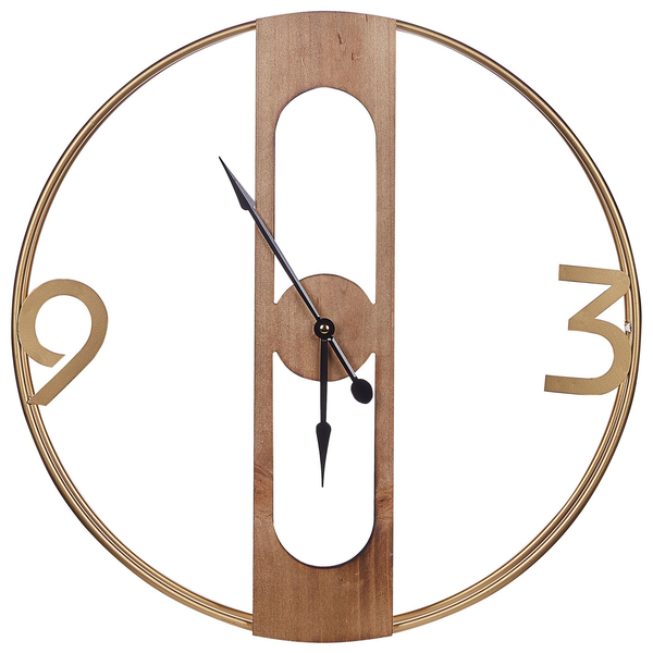 Wanduhr mit Holzplatte und goldenem Ziffernblatt