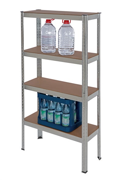 Metallregal mit drei Ebenen und Lagerung von Wasserflaschen