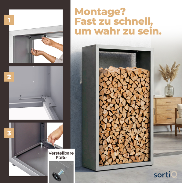 Kaminholzregal aus Metall in Grau mit Brennholz und Montageanleitung für verstellbare Füße, SortiQ Logo.