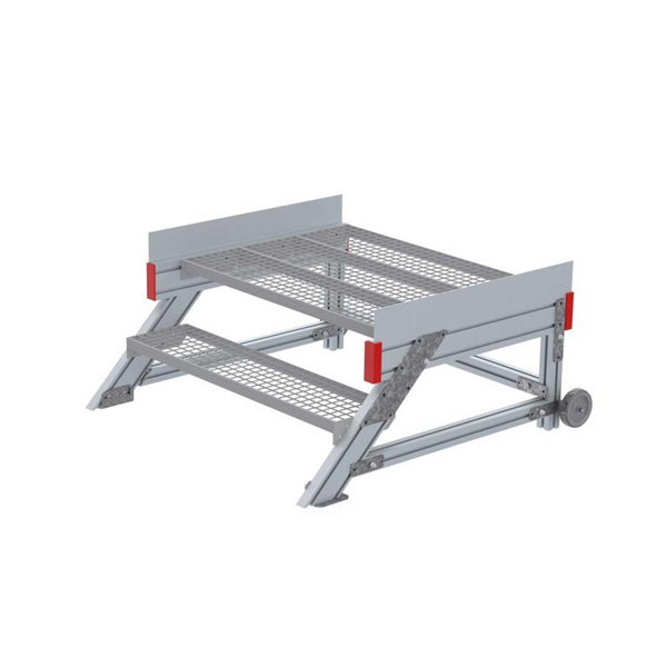 Mobile Arbeitsplattform aus Aluminium mit zwei Stufen aus Gitterrost und Rollen.