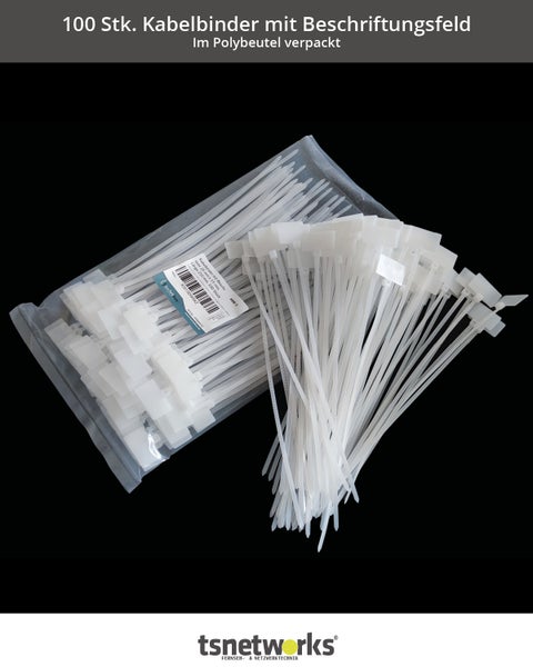 100 Stk. Kabelbinder mit Beschriftungsfeld quer 2,5 cm x 1,5 cm, Länge 21 cm, transparent, für Rohrbeschriftung, Kabelmarkierung, Schlauchmarkierung
