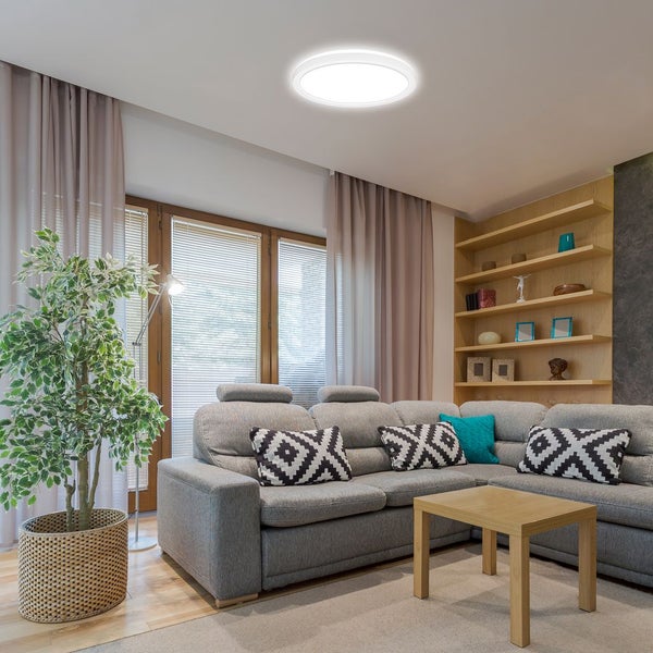 Runde LED-Deckenleuchte in einem hellen, modern eingerichteten Wohnzimmer mit grauem Ecksofa, Couchtisch aus Holz und einer großen Zimmerpflanze.