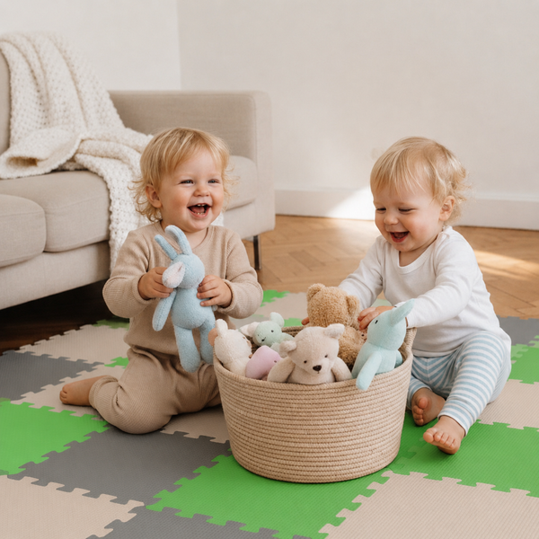 Zwei kleine Kinder spielen gemeinsam auf einer bunten Spielmatte mit Stofftieren in einem geflochtenen Aufbewahrungskorb im Wohnzimmer.