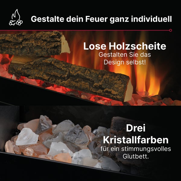 Elektrischer Kamin mit losen Holzscheiten und einem Glutbett aus Kristallen in drei Farben für eine individuelle Gestaltung.