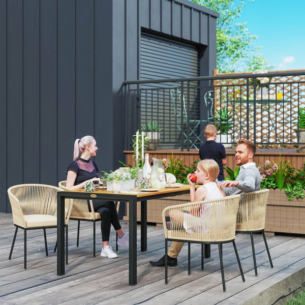 Outsunny 5-teiliges Polyrattan Gartenmöbel-Set für 4 Personen, wetterfest Balkonmöbel mit Tisch 4 Stühle abnehmbar Sitzkissen, Outdoor Terrassenmöbel Lounge-Set für Balkon, Garten, Naturholz+Khaki