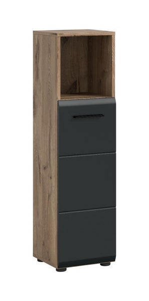 Badezimmer-Mittelschrank in Holzoptik mit anthrazitfarbenen Fronten, einem offenen Fach, einer Schublade und zwei Türen.
