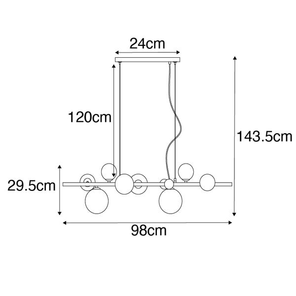 Technische Zeichnung einer Hängeleuchte mit Kugeldesign und Maßangaben