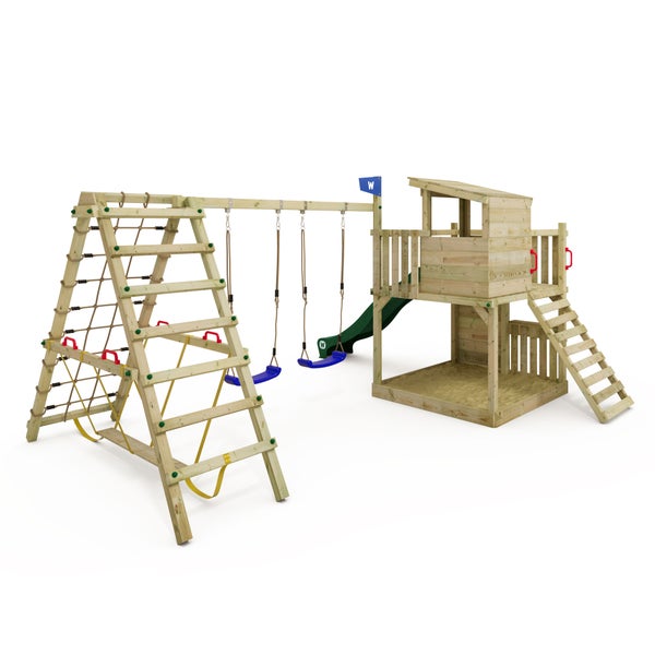 WICKEY Spielturm Klettergerüst Smart Nest mit Schaukel und Rutsche, Sandkasten, Surfswing mit Kletteranbau, Kletterwand und Spiel-Zubehör – grün