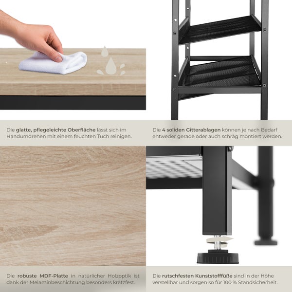 Produktdetails eines Regals: Reinigungsfreundliche Oberfläche, Gitterablagen, robuste MDF-Platte, verstellbare Kunststofffüße