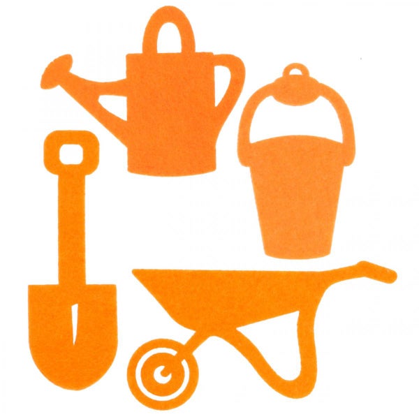 Filzfiguren mit Gartenmotiven: Gießkanne, Eimer, Schaufel und Schubkarre