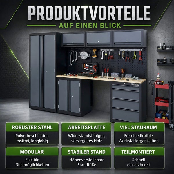 Modulares Werkstatt-Schranksystem aus pulverbeschichtetem Stahl mit Holz-Arbeitsplatte, Lochwand, Hochschrank und Schubladenmodulen.