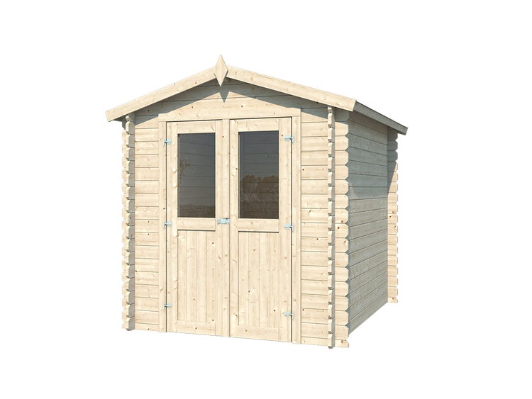 Gartenhaus aus Holz mit Satteldach und einer Doppeltür mit zwei Fensterausschnitten.