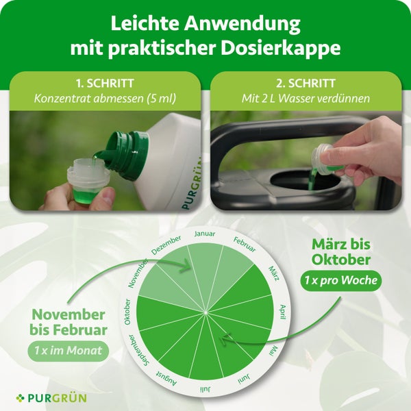 Anleitung Flüssigdünger: 5 Milliliter abmessen, mit 2 Liter Wasser mischen. Anwendungskalender und Purgrün Logo.