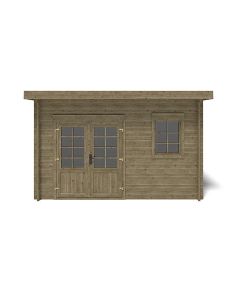 Gartenhaus aus Holz mit Flachdach, Doppelflügeltür mit Fensterausschnitten und einem Einzelfenster.