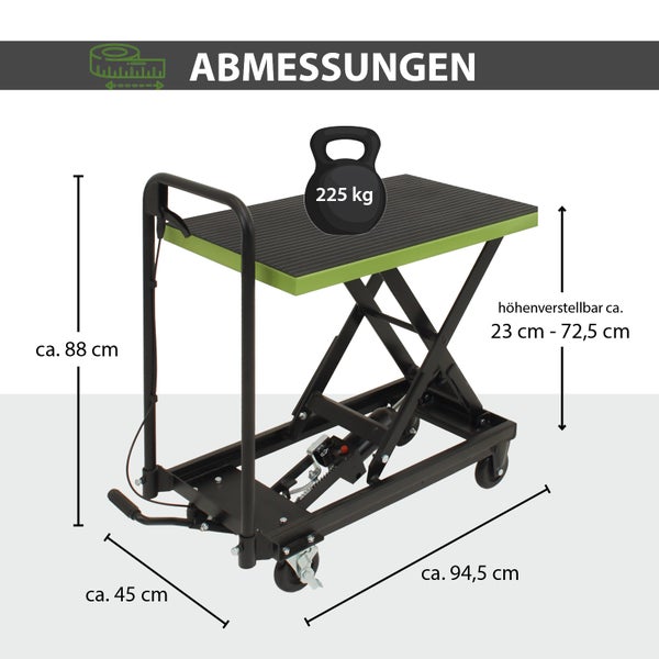 Abmessungen eines höhenverstellbaren Montagewagens mit den Maßen circa 88 cm Höhe, 45 cm Breite, 94,5 cm Tiefe und einer Höhenverstellbarkeit von 23 cm bis 72,5 cm, mit einer Traglast von 225 kg.