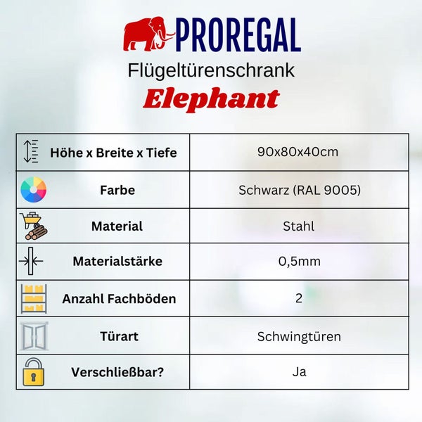Produktdetails des Flügeltürenschranks Elephant von Proregal: Größe 90x80x40cm, Farbe Schwarz, Material Stahl, Materialstärke 0,5mm, zwei Fachböden, Schwingtüren, abschließbar.