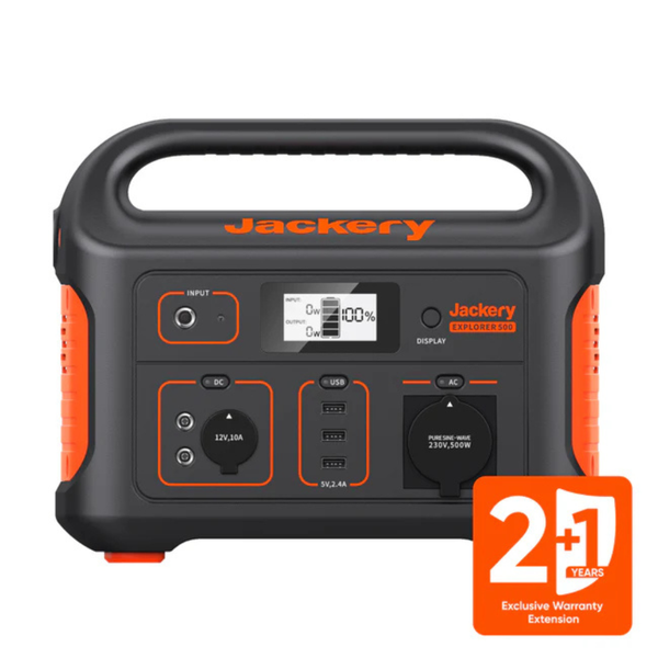 Tragbare Powerstation Jackery Explorer 500 mit Display, Gleichstrom-, Wechselstrom- und USB-Anschlüssen sowie drei Jahren Garantie.