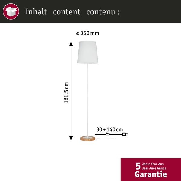 Stehleuchte mit Holzfuß und Textilschirm, Höhe 161,5 Zentimeter, Durchmesser 35 Zentimeter, Kabellänge 170 Zentimeter, 5 Jahre Garantie.