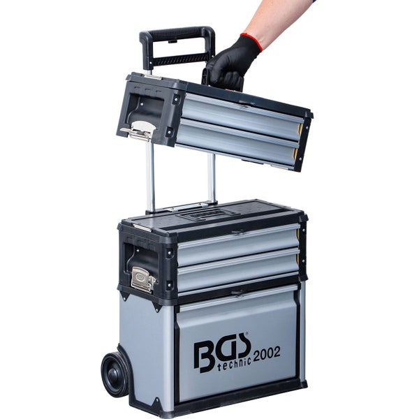 Modularer Werkzeugtrolley von BGS technic mit abnehmbarem Oberteil, Teleskopgriff und Rollen.