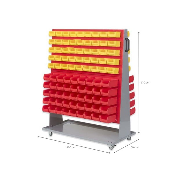 PROREGAL ProfiDrop Systemwagen auf Rollen mit Roten Systemplatten und 90 x Gelbe Sichtlagerbox 1.0 und 90 x Rote Sichtlagerbox 2.0 130 x 100 x 50 cm