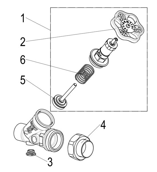 Technische Explosionszeichnung einer frostsicheren Ventilarmatur mit nummerierten Einzelteilen wie Handrad, Feder und Kolben.