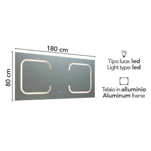 Badezimmerspiegel mit LED-Beleuchtung, Aluminiumrahmen, Maße 180 mal 80 Zentimeter.