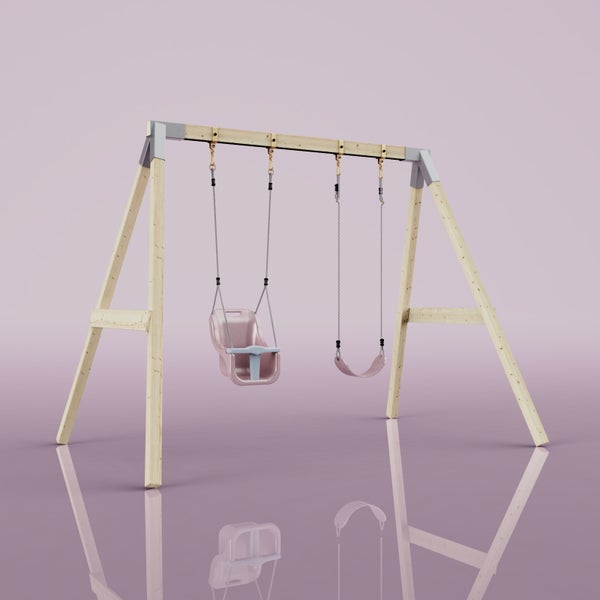 Doppelschaukel aus hellem Holz mit einem rosa Schaukelsitz und einem rosa Babysitz.
