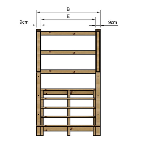 Diagramm eines Holzregals mit Maßangaben.