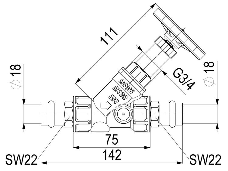 Technische Zeichnung eines Schrägsitzventils mit Maßangaben und Ventilgriff.