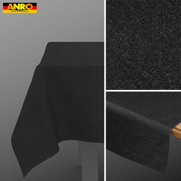 ANRO Tischdecke in Anthrazit mit strukturierter Oberfläche, Ansicht auf einem Tisch und Detailaufnahmen der Materialstruktur. ANRO Logo.