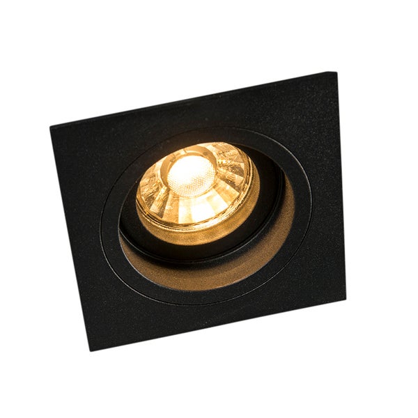 Quadratischer Einbaustrahler in Schwarz mit rundem Leuchtmitteleinsatz und warmweißem Licht.