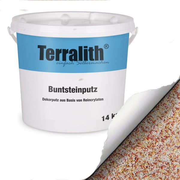 Terralith Buntsteinputz im Eimer, Dekorputz auf Basis von Reincrylaten