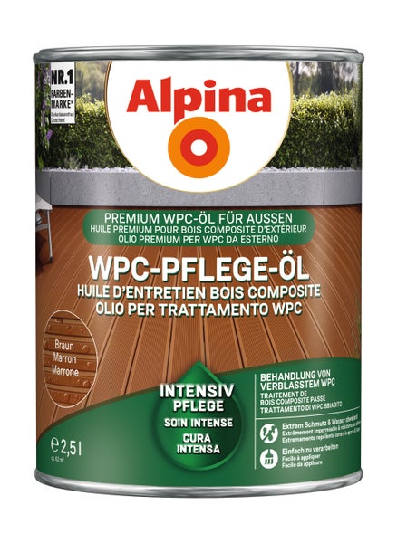 Alpina WPC-Pflege-Öl in Braun für den Außenbereich, 2,5 Liter, ausreichend für circa 62 Quadratmeter.