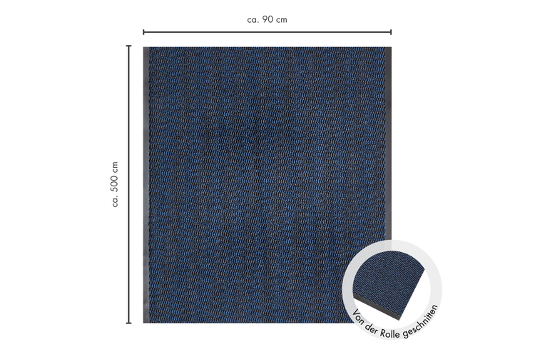 Blau melierter Teppich als Meterware, circa 90 mal 500 Zentimeter