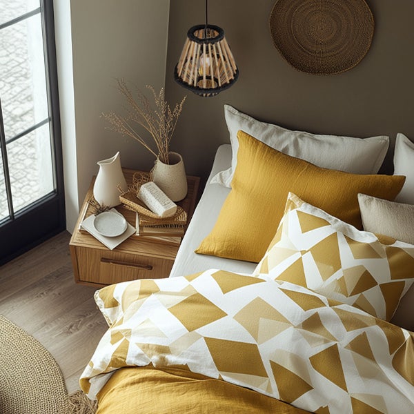 Schlafzimmer mit Bett, Nachttisch und Pendelleuchte im natürlichen Design