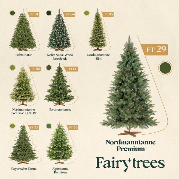 Übersicht verschiedener künstlicher Fairytrees Weihnachtsbäume mit unterschiedlichen Modellvarianten für die Weihnachtsdekoration.