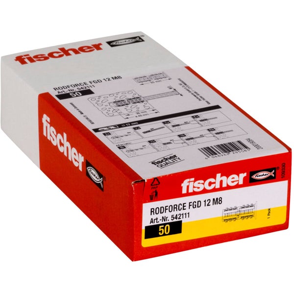 Schachtel mit 50 Fischer RodForce FGD 12 M8 Stabdübeln für Gewindestangen mit Montageabbildungen und Fischer Logo.