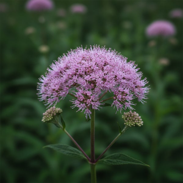 Nahaufnahme eines blühenden Wasserdosts mit einer runden rosafarbenen Blüte und Knospen an einem grünen Stängel.
