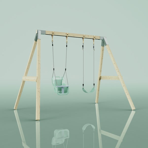 Holzschaukel mit Babysitz und flexiblem Sitz, stabiles A-Gestell aus Holz mit Metallbeschlägen.