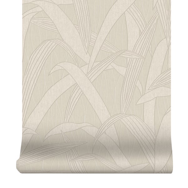 Vliestapete mit Blattmuster und strukturierter Oberfläche in Beige.