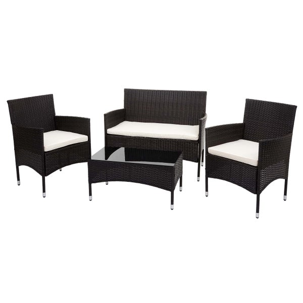 Garten-Lounge-Set aus dunklem Polyrattan mit zwei Sesseln, einem Zweisitzer-Sofa, einem Tisch mit Glasplatte und hellen Polstern.