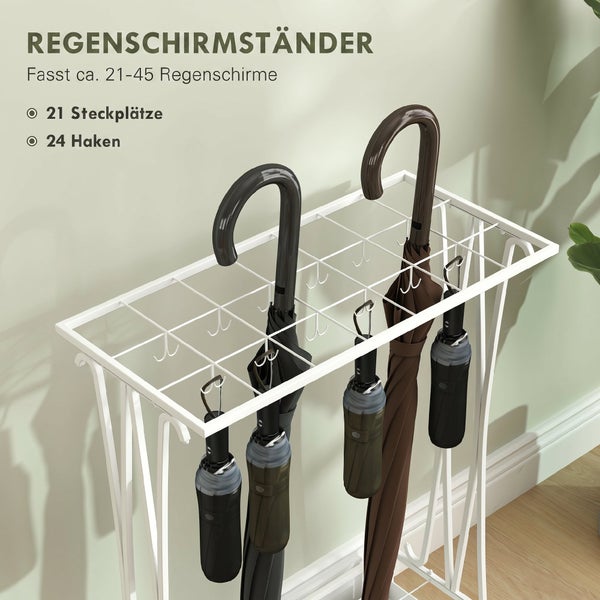 Regenschirmständer aus Metall mit 21 Steckplätzen und 24 Haken für die Aufbewahrung von verschiedenen Regenschirmen.