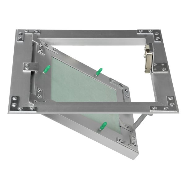 Revisionsklappe aus Aluminium mit Gipskartoneinlage, leicht geöffnet, mit Druckverschluss.