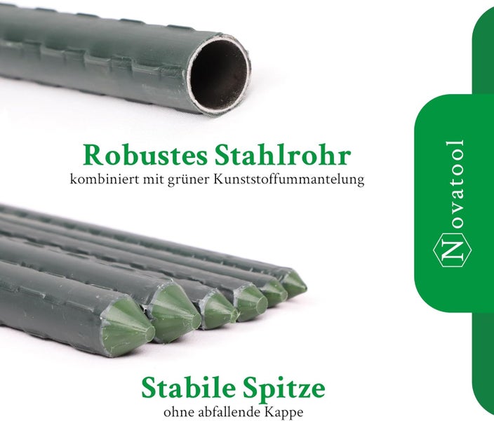 Pflanzstab aus robustem Stahlrohr mit grüner Kunststoffummantelung und stabiler Spitze. Novatool Logo.