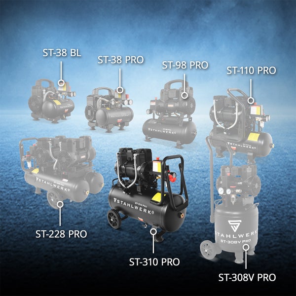Übersicht verschiedener Stahlwerk Druckluftkompressoren Modelle inklusive ST-310 PRO, ST-228 PRO und ST-308V PRO.